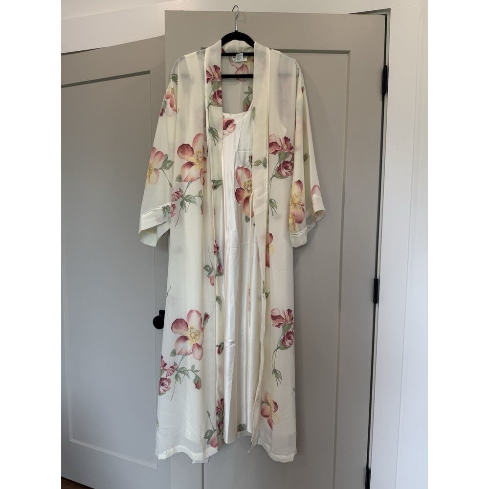 Vintage Natori Robe Slip Gown Kimono Set Yellow Floral Medium Bridal Trad Wife